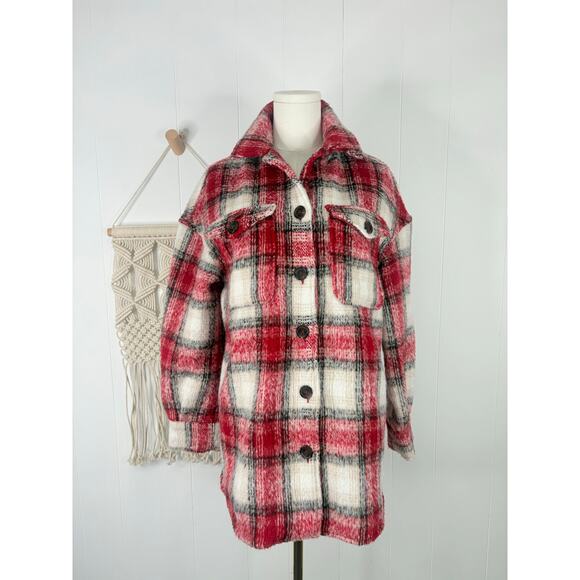 Bagatelle Plaid Oversized Shacket Womens XS Red White - Picture 2 of 10